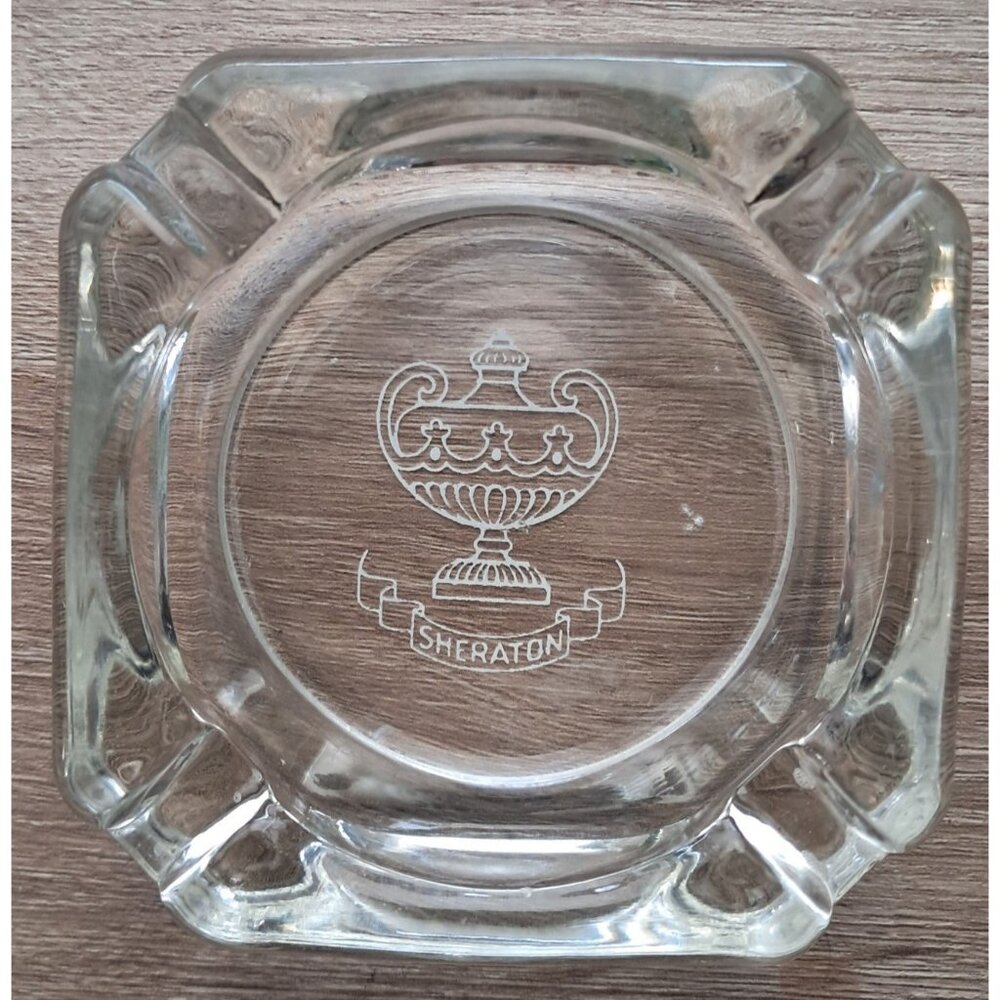 Sheraton Mount Royal Hotel  Glass Ashtray  Square Mid Century Urn Crest Logo